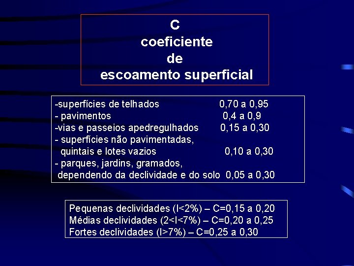 C coeficiente de escoamento superficial -superfícies de telhados 0, 70 a 0, 95 -