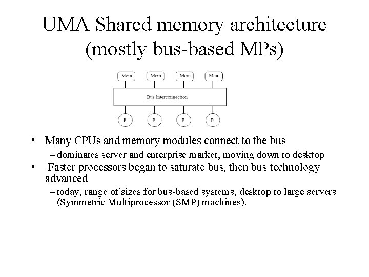 UMA Shared memory architecture (mostly bus-based MPs) • Many CPUs and memory modules connect