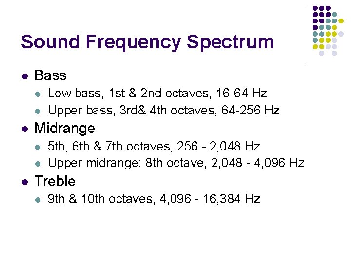 Sound Frequency Spectrum l Bass l l l Midrange l l l Low bass,