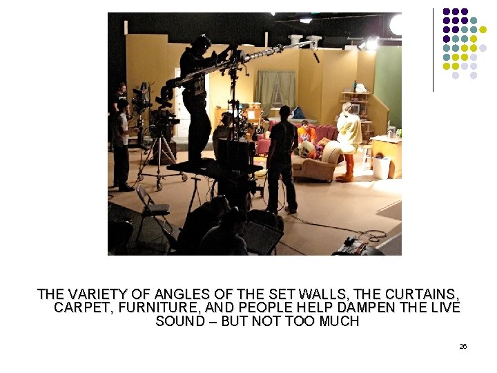 THE VARIETY OF ANGLES OF THE SET WALLS, THE CURTAINS, CARPET, FURNITURE, AND PEOPLE