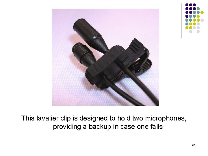 This lavalier clip is designed to hold two microphones, providing a backup in case