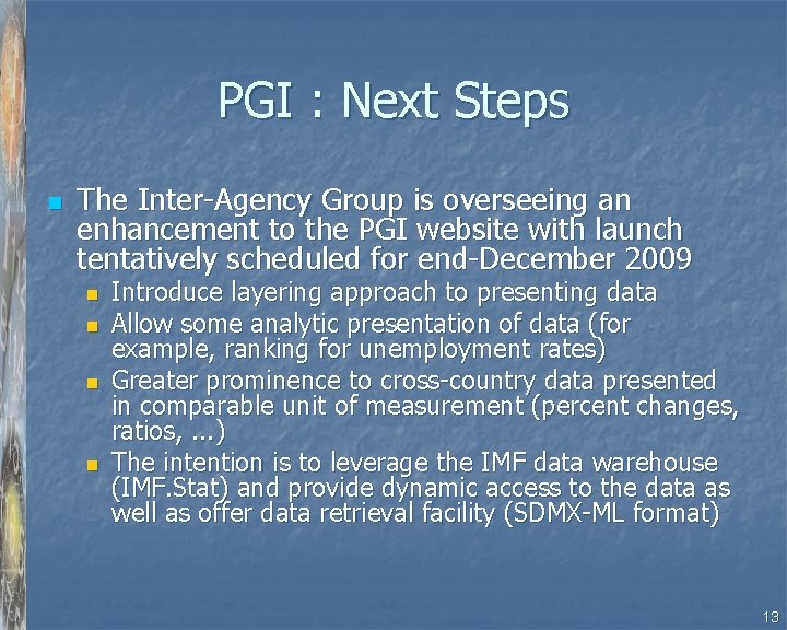 PGI : Next Steps n The Inter-Agency Group is overseeing an enhancement to the