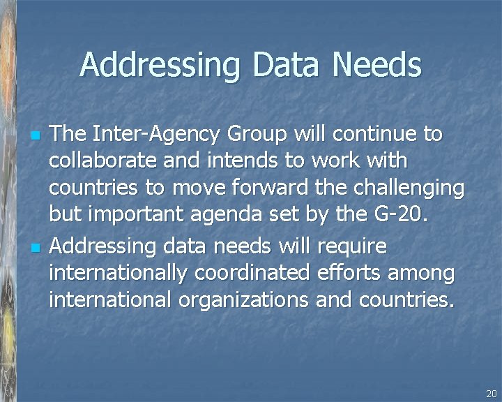 Addressing Data Needs n n The Inter-Agency Group will continue to collaborate and intends