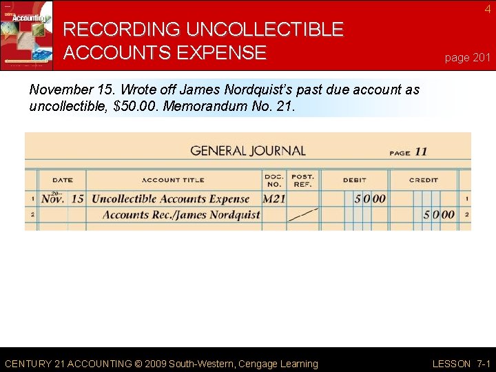 4 RECORDING UNCOLLECTIBLE ACCOUNTS EXPENSE page 201 November 15. Wrote off James Nordquist’s past