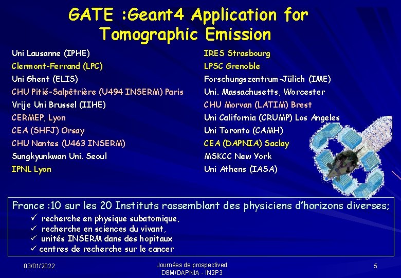 GATE : Geant 4 Application for Tomographic Emission Uni Lausanne (IPHE) IRES Strasbourg Clermont-Ferrand