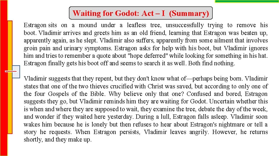 Waiting for Godot: Act – I (Summary) Estragon sits on a mound under a