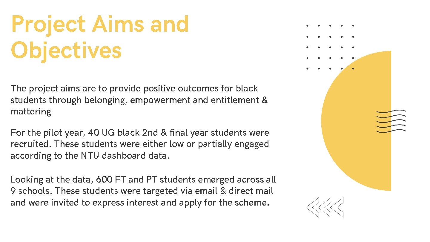 Project Aims and Objectives The project aims are to provide positive outcomes for black