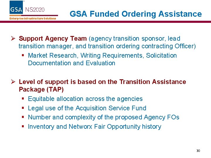 GSA Funded Ordering Assistance Ø Support Agency Team (agency transition sponsor, lead transition manager,