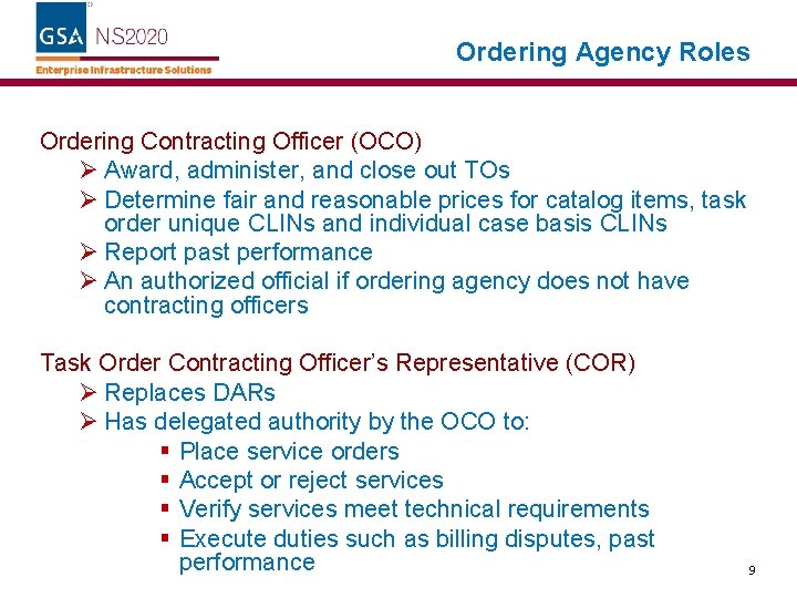 Ordering Agency Roles Ordering Contracting Officer (OCO) Ø Award, administer, and close out TOs