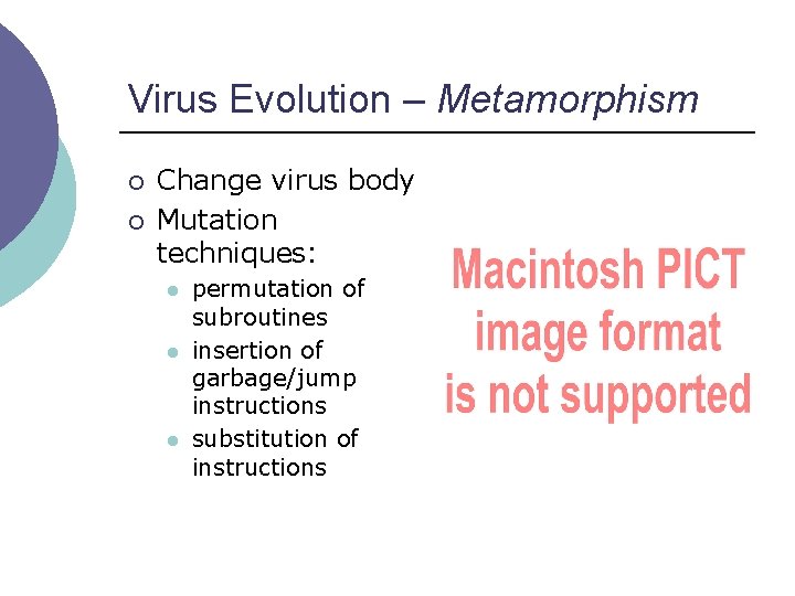 Virus Evolution – Metamorphism ¡ ¡ Change virus body Mutation techniques: l l l