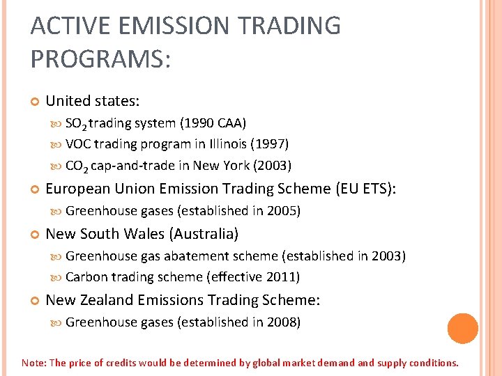 ACTIVE EMISSION TRADING PROGRAMS: United states: SO 2 trading system (1990 CAA) VOC trading