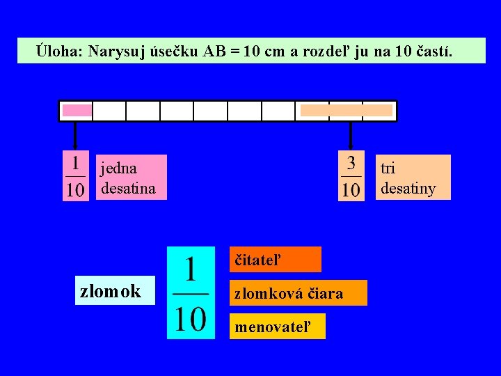 Úloha: Narysuj úsečku AB = 10 cm a rozdeľ ju na 10 častí. jedna
