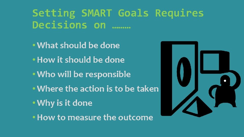 Setting SMART Goals Requires Decisions on ……… • What should be done • How