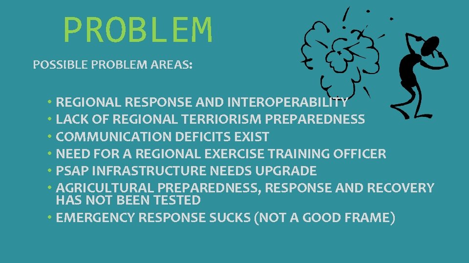 PROBLEM POSSIBLE PROBLEM AREAS: • REGIONAL RESPONSE AND INTEROPERABILITY • LACK OF REGIONAL TERRIORISM