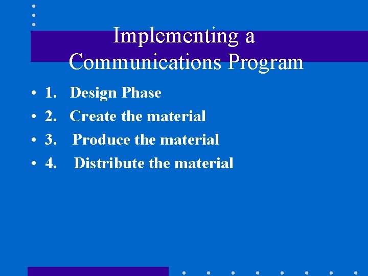 Implementing a Communications Program • • 1. Design Phase 2. Create the material 3.