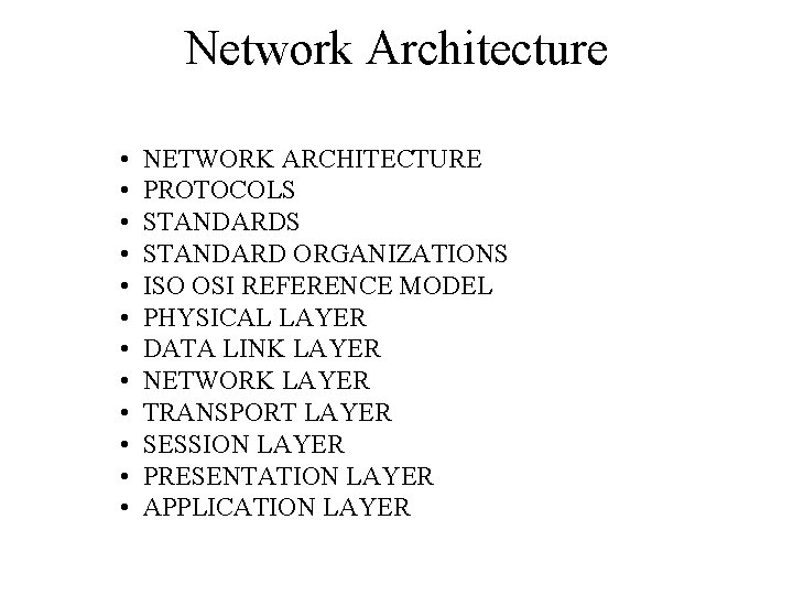 Network Architecture • • • NETWORK ARCHITECTURE PROTOCOLS STANDARD ORGANIZATIONS ISO OSI REFERENCE MODEL