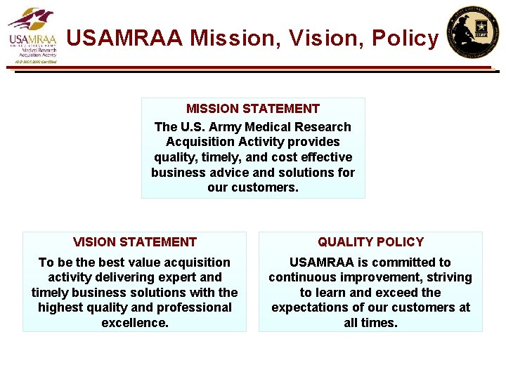 USAMRAA Mission, Vision, Policy MISSION STATEMENT The U. S. Army Medical Research Acquisition Activity