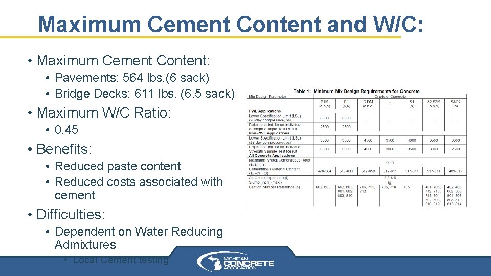 Maximum Cement Content and W/C: • Maximum Cement Content: • Pavements: 564 lbs. (6 Maximum Cement Content and W/C: • Maximum Cement Content: • Pavements: 564 lbs. (6