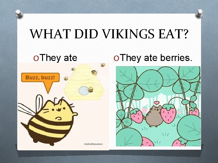 WHAT DID VIKINGS EAT? O They ate honey. Buzz, buzz! O They ate berries.