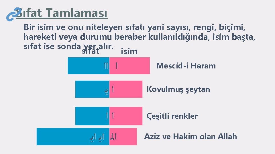 Sıfat Tamlaması Bir isim ve onu niteleyen sıfatı yani sayısı, rengi, biçimi, hareketi veya