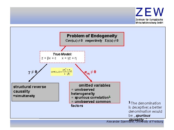 Introduction Problem of Endogeneity Cov(x, ε) ≠ 0 respectively E(ε|x) ≠ 0 True Model: