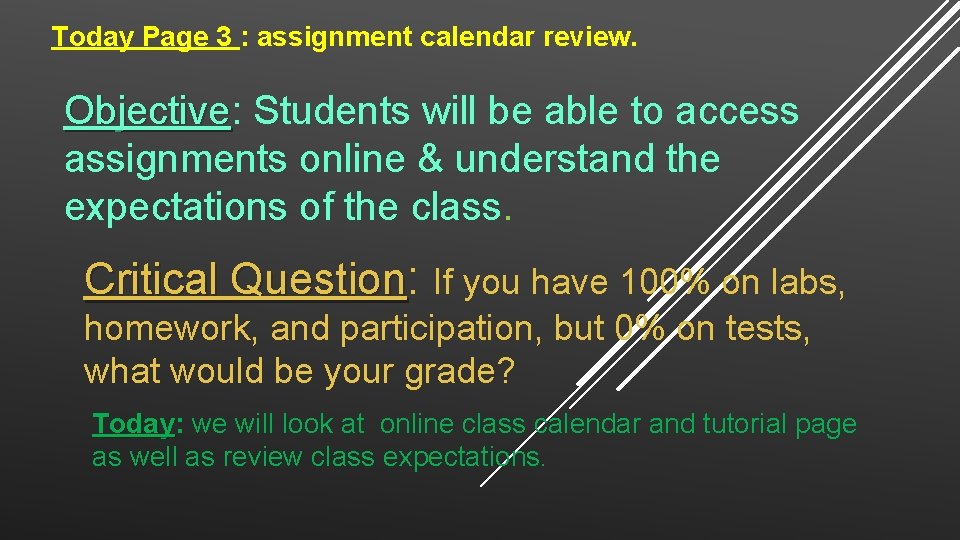 Today Page 3 : assignment calendar review. Objective: Objective Students will be able to