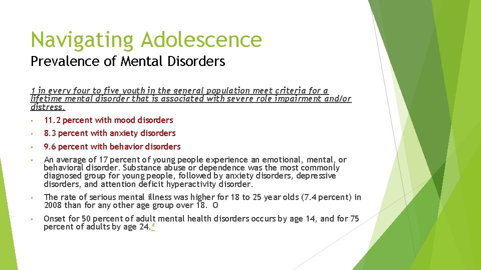 Navigating Adolescence Prevalence of Mental Disorders 1 in every four to five youth in