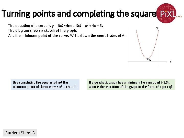 Turning points and completing the square The equation of a curve is y =