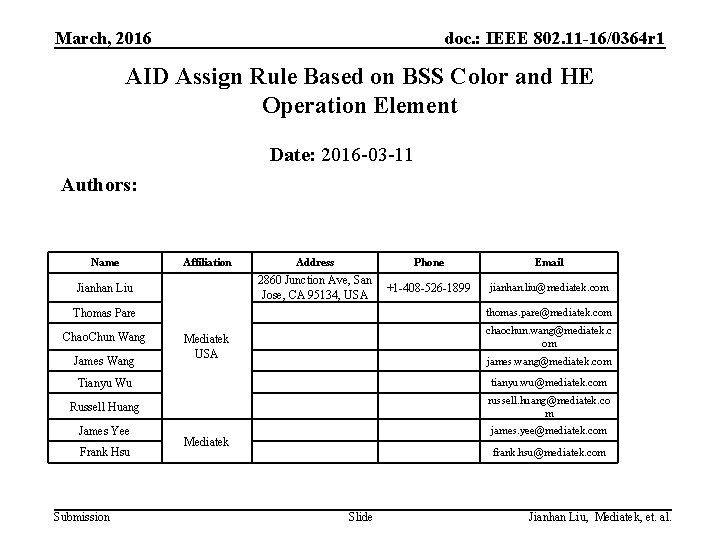 March, 2016 doc. : IEEE 802. 11 -16/0364 r 1 AID Assign Rule Based