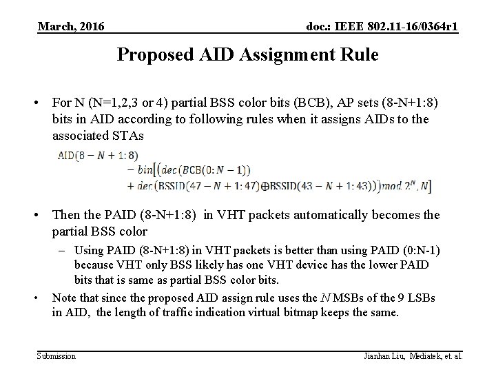 March, 2016 doc. : IEEE 802. 11 -16/0364 r 1 Proposed AID Assignment Rule