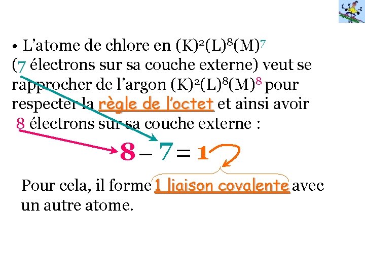  • L’atome de chlore en (K)2(L)8(M)7 (7 électrons sur sa couche externe) veut