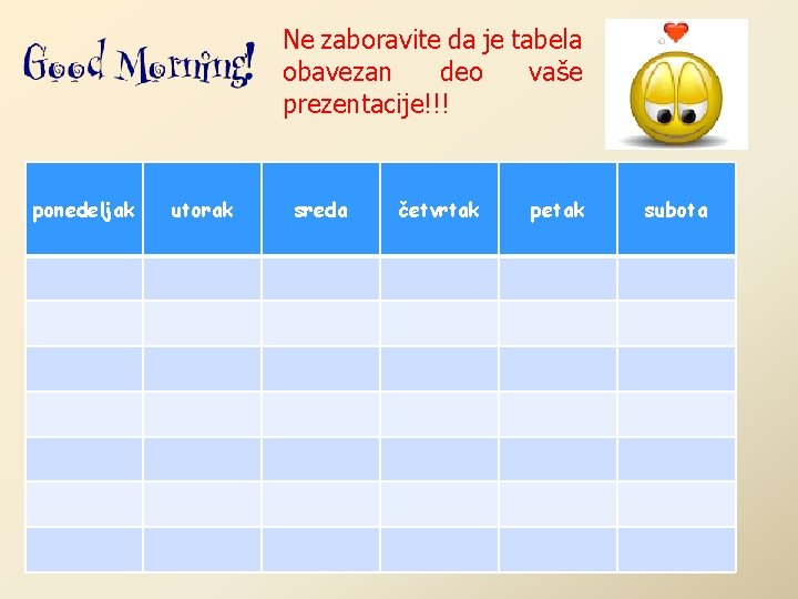 Ne zaboravite da je tabela obavezan deo vaše prezentacije!!! ponedeljak utorak sreda četvrtak petak