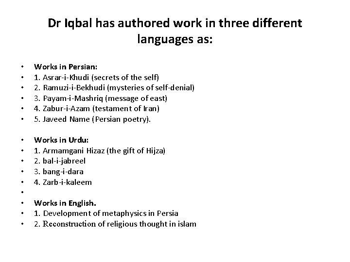 Dr Iqbal has authored work in three different languages as: • • • Works