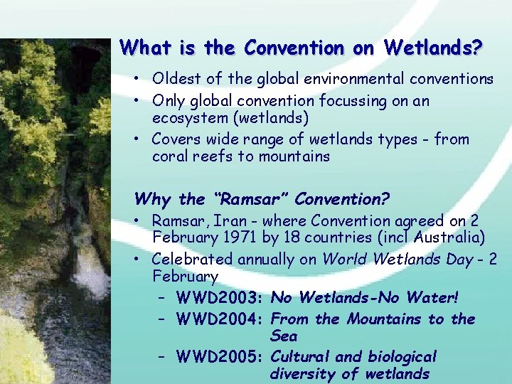 What is the Convention on Wetlands? • Oldest of the global environmental conventions •
