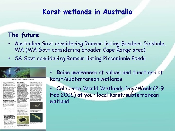 Karst wetlands in Australia The future • Australian Govt considering Ramsar listing Bundera Sinkhole,