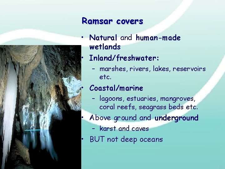 Ramsar covers • Natural and human-made wetlands • Inland/freshwater: – marshes, rivers, lakes, reservoirs