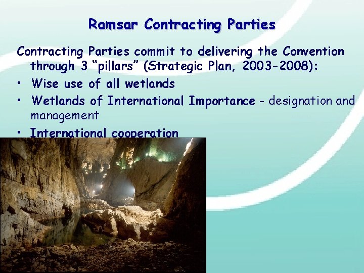 Ramsar Contracting Parties commit to delivering the Convention through 3 “pillars” (Strategic Plan, 2003