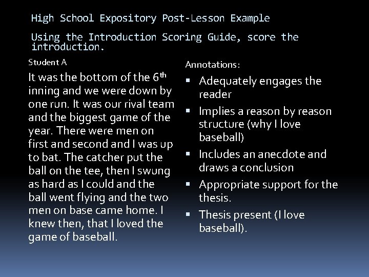 High School Expository Post-Lesson Example Using the Introduction Scoring Guide, score the introduction. Student
