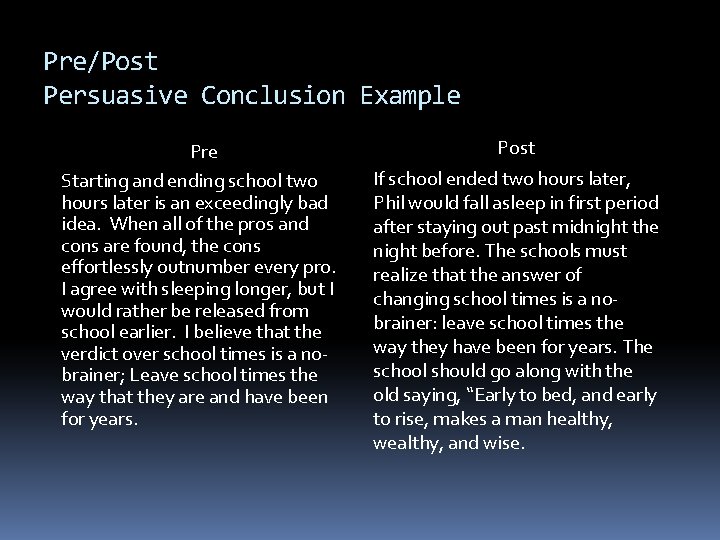Pre/Post Persuasive Conclusion Example Pre Starting and ending school two hours later is an