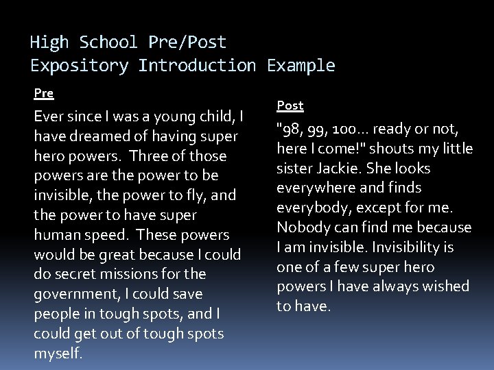 High School Pre/Post Expository Introduction Example Pre Ever since I was a young child,