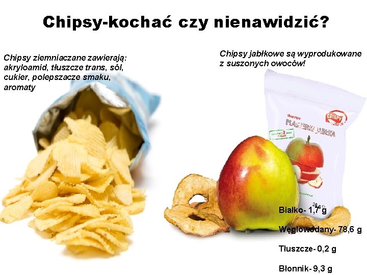 Chipsy-kochać czy nienawidzić? Chipsy ziemniaczane zawierają: akryloamid, tłuszcze trans, sól, cukier, polepszacze smaku, aromaty