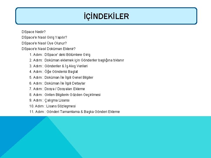 İÇİNDEKİLER DSpace Nedir? DSpace’e Nasıl Giriş Yapılır? DSpace’e Nasıl Üye Olunur? DSpace’e Nasıl Doküman