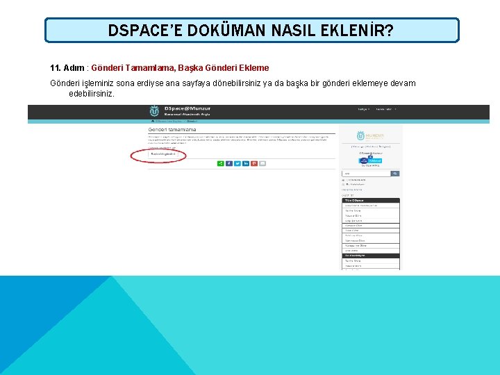 DSPACE’E DOKÜMAN NASIL EKLENİR? 11. Adım : Gönderi Tamamlama, Başka Gönderi Ekleme Gönderi işleminiz