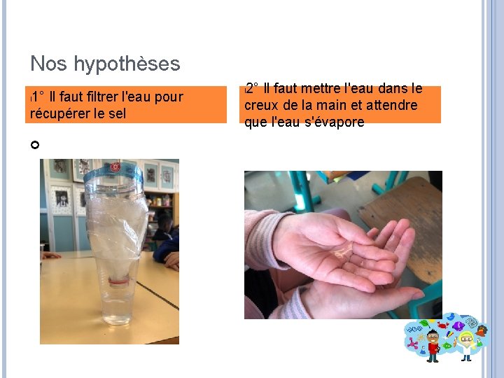 Nos hypothèses 1° Il faut filtrer l'eau pour récupérer le sel l 2° Il
