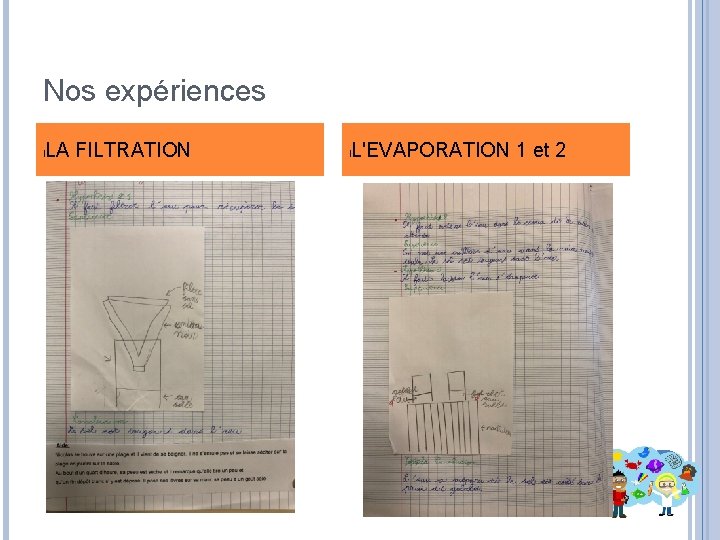 Nos expériences l LA FILTRATION l L'EVAPORATION 1 et 2 