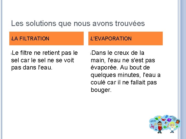 Les solutions que nous avons trouvées l LA FILTRATION Le filtre ne retient pas