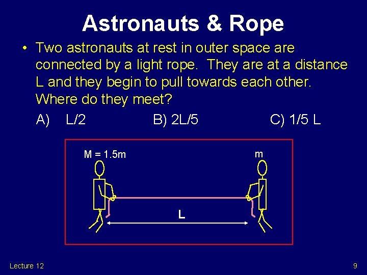 Astronauts & Rope • Two astronauts at rest in outer space are connected by