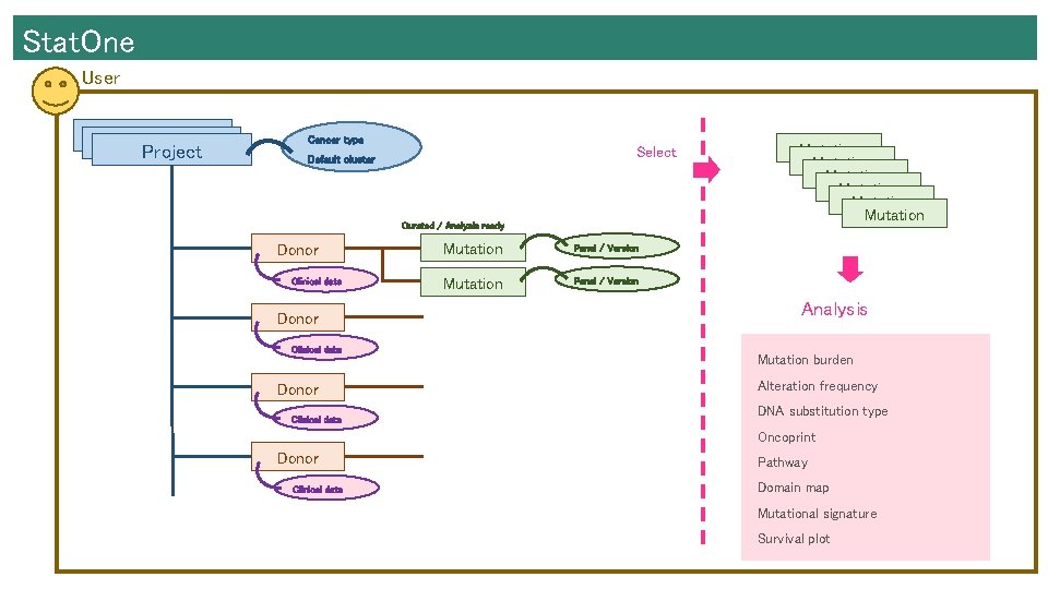 Stat. One User プロジェクト Project Cancer type Select Default cluster Curated / Analysis ready