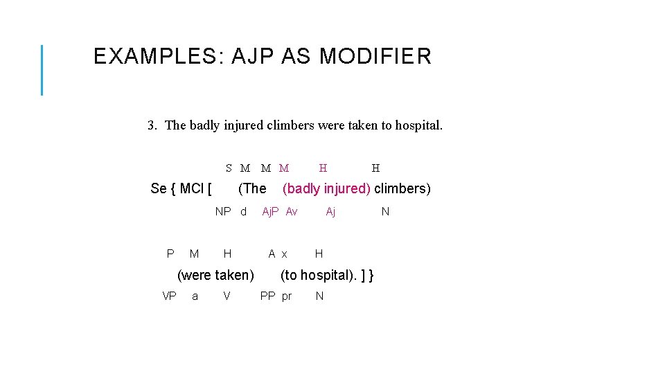 EXAMPLES: AJP AS MODIFIER 3. The badly injured climbers were taken to hospital. S