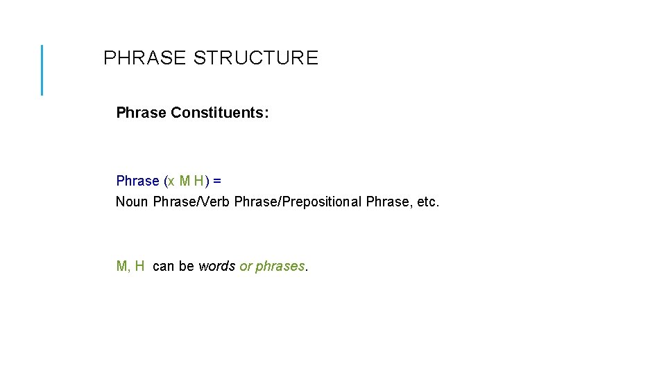 PHRASE STRUCTURE Phrase Constituents: Phrase (x M H) = Noun Phrase/Verb Phrase/Prepositional Phrase, etc.